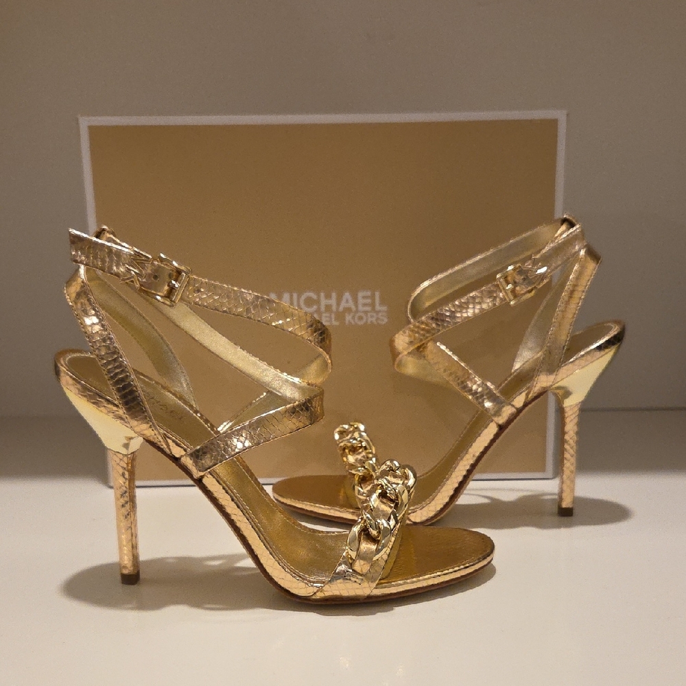 Michael Kors Gold Metallic Chain-Strap Heeled Sandals